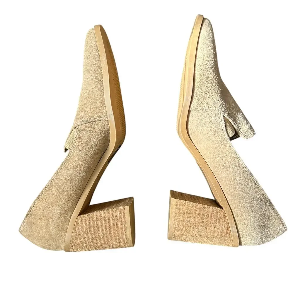 Joie‎ Wevenly Suede Block Heel Loafers Tan Minimalist Square Toe Slip-On Shoes